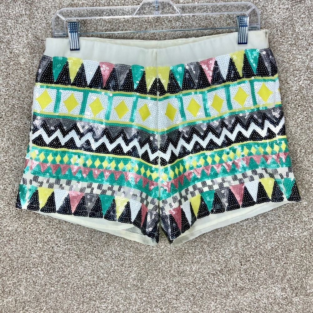 Verty Geometric Tribal Sequin Shorts Women L Multicolor High Waist Festival Boho